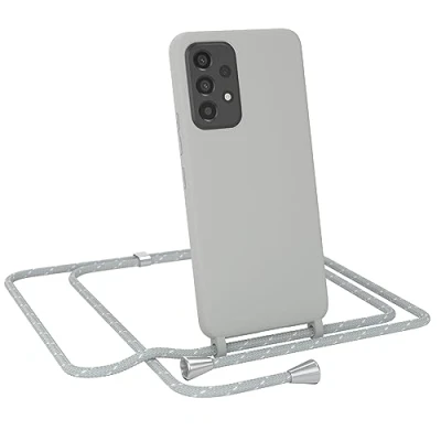Abbildung von EAZY Case Silikon mit Kette kompatibel Samsung Galaxy A53 5G Stoßfest Handyhülle Band, Stylische Abnehmbar Necklace als Set in Grau Riemen Hellgrau/Weiß Endstücke Silber