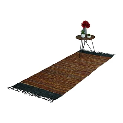 Abbildung von Relaxdays Flickenteppich, 80 x 200 cm, Baumwolle &amp; Leder, Teppichläufer mit Fransen, rutschfest, Fleckerlteppich, braun