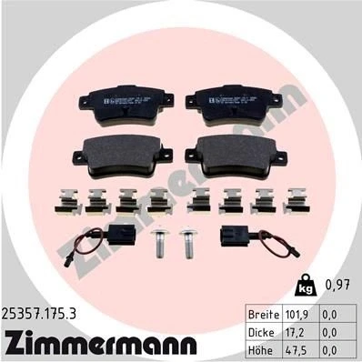 Abbildung von ZIMMERMANN 25357.175.3 Bremsbelagsatz inkl. Verschleißwarnkontakt mit Schrauben Foto entspricht Lieferumfang, Feder FIAT: Punto Evo Schrägheck