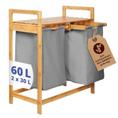 Abbildung von Lumaland Ausziehwäschekorb Bambus mit 2 ausziehbaren Wäschesäcken 73x64x33cm, Wäschesammler Deckel, Pflegeleichtes Material,  leicht abwischbar