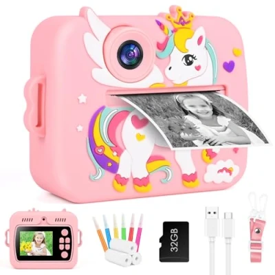 Abbildung von GuKKK Kinderkamera Sofortbildkamera, 2,4 Zoll Sofortbildkamera Kinder mit 32G TF Karte und Fotopapier Drucken, 1080P HD Digitalkamera Kinder, Weihnachten Geschenk für Jungen Mädchen 3 12 Jahre