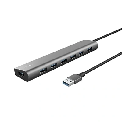 Abbildung von Trust Halyx 7 Port USB Hub 3.2 Gen 1, Verteiler mit C Stromanschluss, Mehrfachstecker, Dünn und Kompakt, 5Gbps Adapter Datenhub für MacBook Pro/Air, Laptop, Notebook, PC Grau