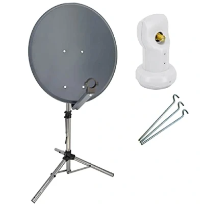 Abbildung von PremiumX Camping Satelliten Komplettanlage 60cm Satellitenschüssel SAT Single LNB Dreibein Stativ 3X Stahl Heringe