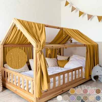 Abbildung von lilimaus Betthimmel Musselin Hausbett Himmel für Kinderzimmer mit Gold Applikation, aus Baumwolle Deko