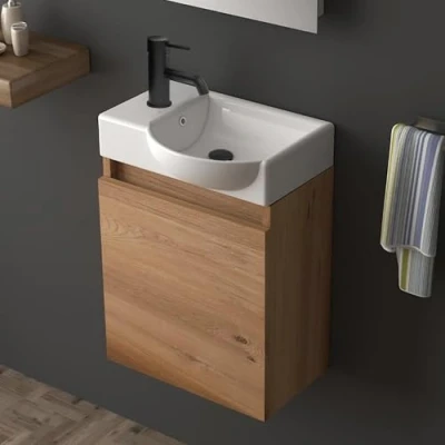 Abbildung von Alpenberger Waschbecken mit Unterschrank 45 cm Breit Waschbeckenunterschrank Klein Gäste WC &amp; Bad Vormontiert Waschtischunterschrank Hängend Badmöbel MDF Holz Bambus Optik