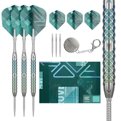 Abbildung von Target Darts Rove Swiss Point Steeldarts, 90% Tungsten Dart Set, Barrel 01 23G Steeldart Grün &amp; Silber Darts, Profi Set mit Points Tool