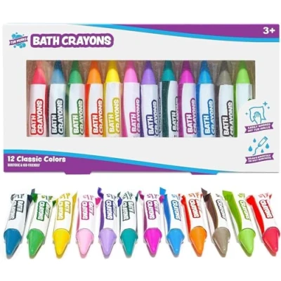 Abbildung von Tub Works® Bath Crayons Badespielzeug, 12er Packung Ungiftige, abwaschbare Bademalstifte für Kleinkinder Malt klar auf nassen &amp; trockenen Wannenwänden Sechseck Griff Badewannenmalstifte