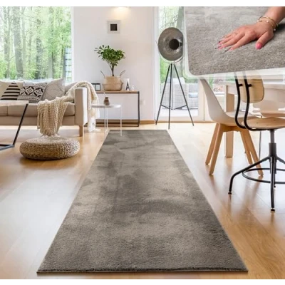 Abbildung von Paco Home Moderner Kuscheliger Wohnzimmer Teppich Kurzflor waschbar flauschig Weich Einfarbig Felloptik zeitlos stilvoll rutschfest pflegeleicht, Grösse:80x300 cm, Farbe:Grau