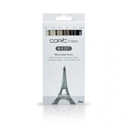 Abbildung von COPIC Ciao Marker 5+1 Set &quot;Warme Grautöne&quot;, 5 Allround Layoutmarker mit einer mittelbreiten und Brush Spitze, inkl. 1 Multiliner 0,3 mm