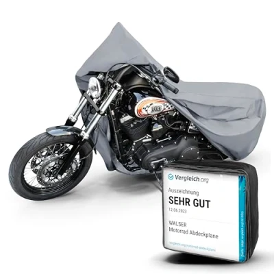 Abbildung von WALSER Premium Motorrad Abdeckplane L, Auszeichnung Sehr Gut* aus hochwertigem PVC, Outdoor Plane, Zubehör, grau 250x100x130 cm