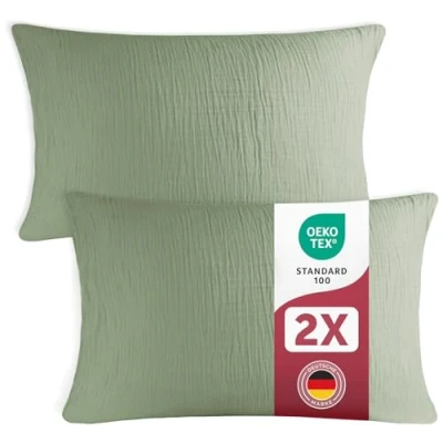 Abbildung von Blumtal Musselin Kissenbezug 40x80 cm im 2er Set Oeko TEX zertifiziertes Kopfkissen Bezug 40 x 80 Grün 100% Baumwolle Sommergrün