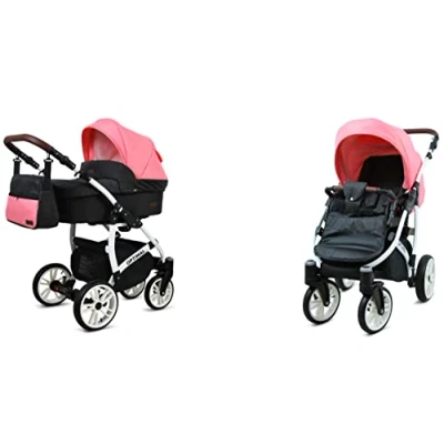 Abbildung von BabyLux Optimal 2 in 1 Baby Kinderwagen Tief und mit Zubehör Verstellbar faltbar Aluminium Konstruktion Wasserdicht Nicht abnehmbare Räder Black Flex White Frame
