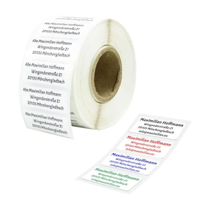 Abbildung von GoodMarkt selbstklebende personalisierte Adressetiketten 48x18 mm, ab 50 Labels/Rolle, weißer Kunststoff wasserfestes und reißfestes Adressaufkleber Namensaufkleber für Briefe, Schulsachen