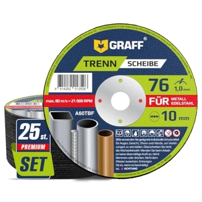 Abbildung von Trennscheiben 76 Metall 1mm Extra Dünn Flexscheiben für Inox, Edelstahl, Metalltrennscheiben Geradschleifer un Mini Winkelschleifer GRAFF 25 Stück