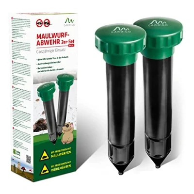 Abbildung von GARDIGO® Maulwurf Vertreiber Basic 2er Set Maulwurfschreck 400 1000 Hz für ca. 700m² Maulwurfabwehr den Garten Einfacher Batteriewechsel durch Batteriewechselzylinder Wühlmausschreck