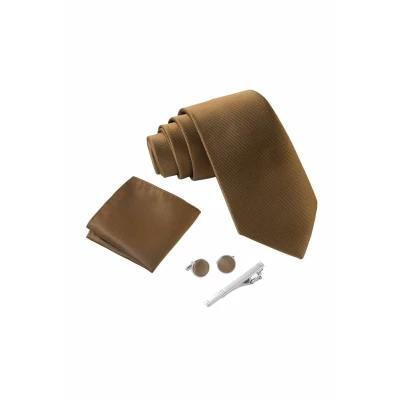 Abbildung von Massi Morino Krawatte Braun mit Einstecktuch Set Herren inkl. Manschettenknöpfe, Krawattennadel und Geschenkbox Männer Krawattenset