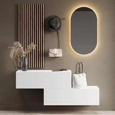Abbildung von Planetmöbel Flur Möbel Garderobe 2X 100cm weiß, Wandpaneel 50cm Gold Eiche/Anthrazit mit Spiegel (ohne LED), Wandgarderobe 32,5H x 100B 37,8T cm