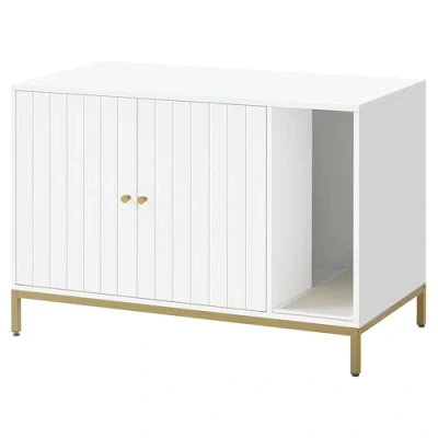 Abbildung von Feandrea Katzenklo Schrank, Katzenhaus, Katzentoilette, mit Kratzmatte, hohe Beine, für Katzen, Beistelltisch, 90 x 48 61,5 cm, weiß goldfarben PCL027W01