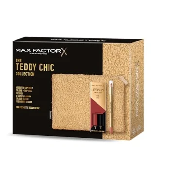 Abbildung von Max Factor, Geschenkbox für Damen Teddy Chic, Clutch aus weichem Stoff mit Lippenstift Lipfinity 070 Spicy + Colour Elixir 5 Braun n Nude