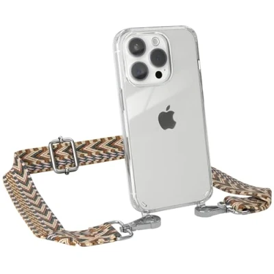 Abbildung von EAZY CASE Handykette mit verstellbarem Trageriemen für iPhone 15 Pro Taschengurt zum Wechseln transparenter Handyhülle Hülle dünner Schulterriemen in Braun Silber