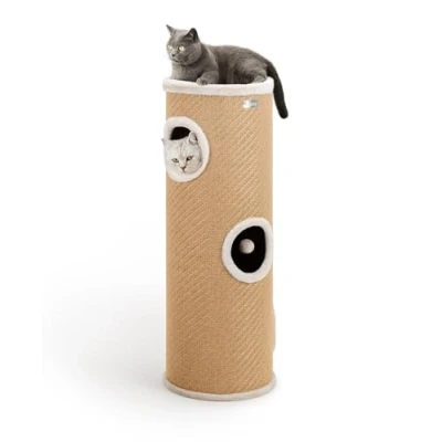 Abbildung von lionto Kratztonne aus Jute mit Spielball &amp; Plüschrand, Höhe 100 cm, Stabiler Kratzbaum für kleine große Katzen, perfekte Krallenpflege Beschäftigung, viele Versteckmöglichkeiten, Ø 36 beige
