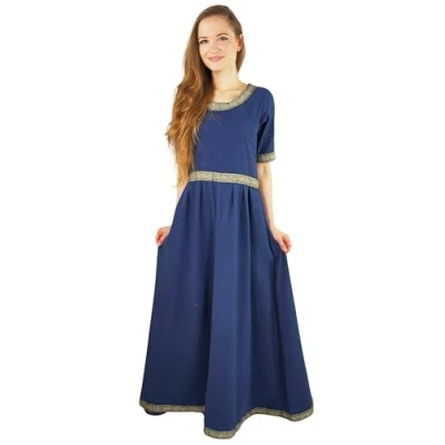 Abbildung von Leonardo Carbone® Damen Kleid Ennlin Bordüre Design Schnürung Rücken Karneval, Halloween, Cosplay, LARP, Mittelalter, Wikinger, Kostüm, A Linie 100% Baumwolle Blau XS