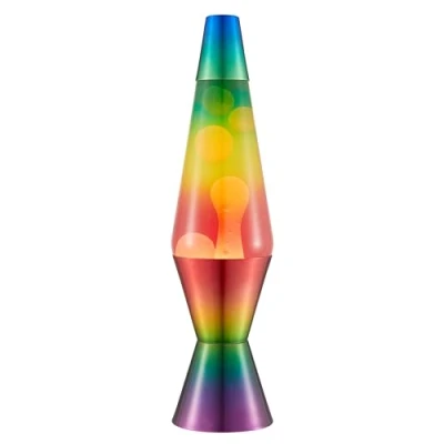 Abbildung von LAVA® Lampe Regenbogen 2513, handbemalte dreifarbige Form, weißes Wachs, klare Flüssigkeit, dekorativer Sockel und Deckel, Original 14,5 Zoll Bewegungslampe der Marke