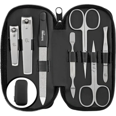 Abbildung von Maniküre Set Solingen Vergleichssieger mit Top Preis/Leistung Kunst Leder Etui handlich und weich 7teiliges Nagelset für Damen Herren marQus aus glanzvernickeltem poliertem Stahl
