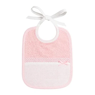 Abbildung von Filet Lätzchen aus farbigem Frottee, Vollständig handgefertigt mit Aida Tasche zum Besticken, Ideal für Neugeborene und Babys, 100% Made in Italy, Weiß Rosa, Maße 18x21 cm