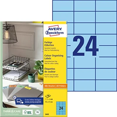 Abbildung von AVERY Zweckform 3449 Blaue Etiketten (2.400 Aufkleber, 70x37mm auf A4, permanent haftend, selbstklebende Farbetiketten, Papier matt, bedruckbare, farbige Klebeetiketten) 100 Blatt