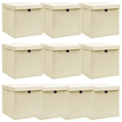 Abbildung von vidaXL 10x Aufbewahrungsbox mit Deckel Zusammenklappbar Spielkiste Regalkorb Faltkiste Korb Kinderbox Box Kiste Creme 32x32x32cm Stoff