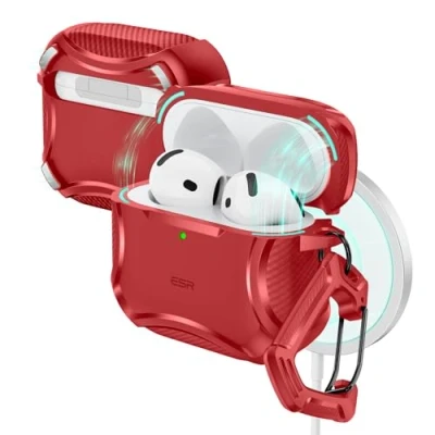 Abbildung von ESR für AirPods 4 Hülle (HaloLock), Kompatibel mit 4. Generation (2024), Unterstützt kabelloses Laden, Starker Sturzschutz, Magnetischer Deckel, Cyber Serie, Rot