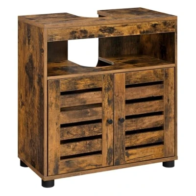 Abbildung von VASAGLE Waschbeckenunterschrank, Badezimmerschrank, Aufbewahrungsschrank, 60 x 30 63 cm, mit 2 Lamellentüren, verstellbares Brett, rustikales Braun BBK04BX