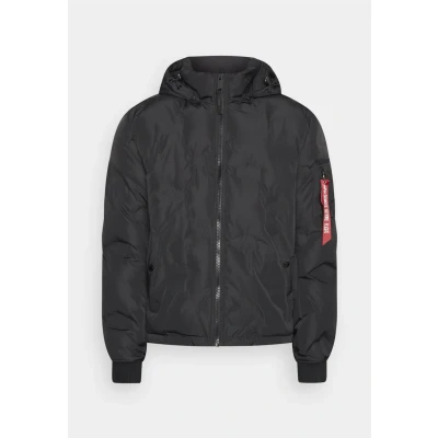 Abbildung von Alpha Industries Hooded LOGO Puffer Winterjacke, Herren, Größe: XL, Black