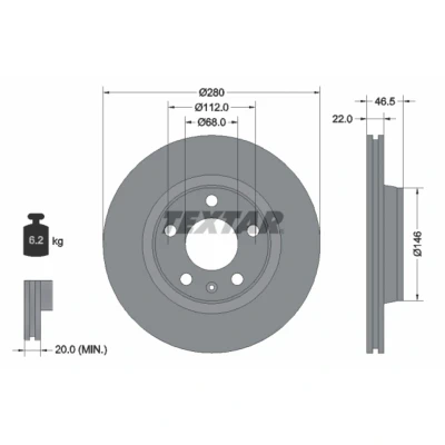 Abbildung von TEXTAR 92083500 Bremsscheibe 280 22 05/06 112 innenbelüftet ohne Radbefestigungsbolzen, Radnabe AUDI: A4 B7 Avant, B5 B6 Avant