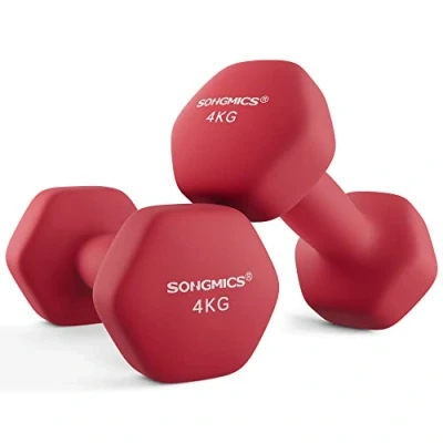 Abbildung von SONGMICS Hanteln, 2er Set, 2 x 4 kg, Hantelset, Kurzhanteln, Hexagon, Neopren Beschichtung, Krafttraining, Workout, Fitnesstraining, für Zuhause, rubinrot SYL908R01