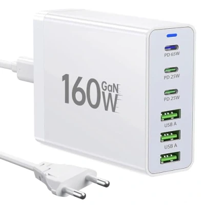 Abbildung von USB C Ladegerät,160W GaN 6 Port Mehrfach Ladestation,Schnellladegerät PD Desktop Ladegerät kompatibel mit iPhone/Samsung/Xiaomi/Tablet/Smartwatch/Kopfhörer