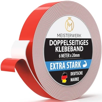 Abbildung von MEISTERWERK Doppelseitiges Klebeband ohne Bohren [EXTRA STARK] Universelles Montageband I stark Doppelklebeband (8m x 20mm)