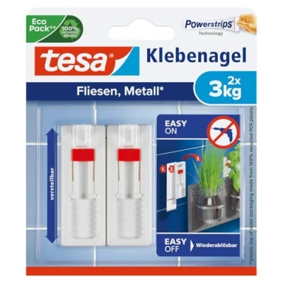 Abbildung von tesa Klebehaken Klebenagel Fliesen&amp;Metall, verstellbar, 2 Stück, 3 kg Haltekraft, Dekoration, Bilder, Leinwände, Lichterketten, Girlanden, (Packung, St., Stück), Klebenägel mit max. Haltekraft Tapete &amp; Putz 2er Pack