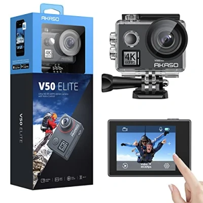 Abbildung von AKASO Action Cam 4K60FPS 40M Unterwasserkamera 20MP WiFi Kamera mit Touchscreen EIS 8X Zoom Sprachsteuerung Fernbedienung Zubehör Kit Sportkamera (V50 Elite)