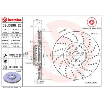 Abbildung von BREMBO 09.D898.23 Bremsscheibe 395 36 5 gelocht/innenbel., Verbundbremsscheibe beschichtet hochgekohlt mit Schrauben BMW: 8 Coupe, Limousine, X6