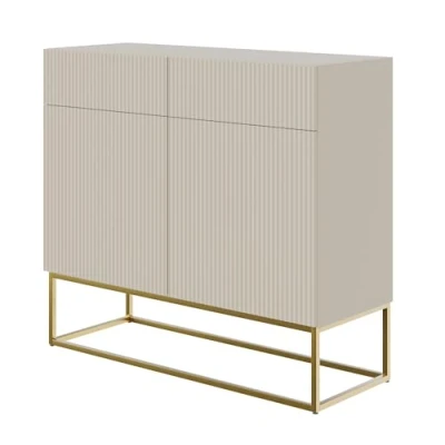 Abbildung von Selsey Kommode Schrank Aufbewahrungsschrank 100 cm Mit 2 Schubladen Und Türen Graubeige Goldene Beine Veldio