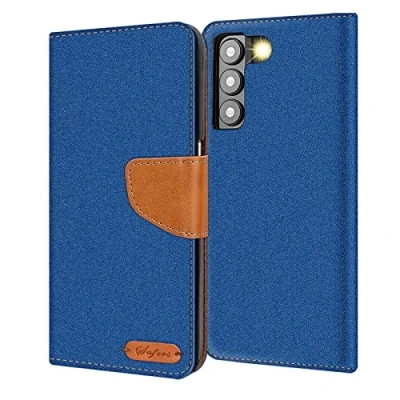 Abbildung von Verco kompatibel mit Samsung Galaxy S23 Plus Hülle, Schutzhülle für S23+ 5G Tasche Denim Textil Book Case Flip Klapphülle, Blau