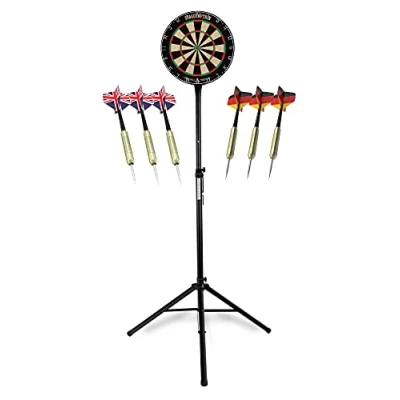 Abbildung von Stagecaptain Dartscheibe DBS 1715 BullsEye Pro, (Dartboard Ständer Set, 19 tlg., inkl. Stativ, 6 Dartpfeilen und 12 Flights), Steeldartscheibe aus Sisal mit dünnen Drähten