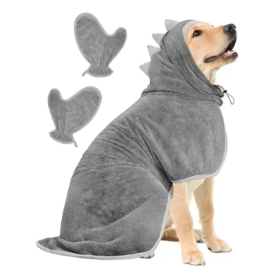 Abbildung von Bibykivn Bademantel für Hunde, Hundebademantel Aus Mikrofaser, Verstellbares Halsband Mit Klettverschluss Schnell Trocknend Badetuch Große Mittelgroße Kleine Hunde/Katze (Grau, XL)