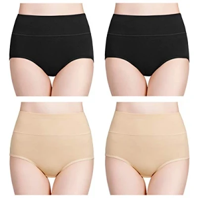 Abbildung von wirarpa Damen Unterhosen Baumwolle Slips Hoher Taille Atmungsaktive Taillenslip Wochenbett Unterwäsche Mehrpack Größen 32 58, Schwarz Aprikose 4er Pack, Medium (38/40)