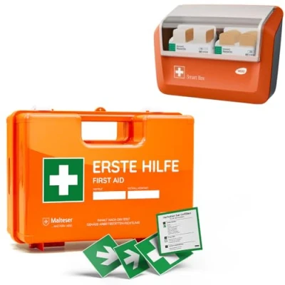 Abbildung von Erste Hilfe Koffer nach DIN 13157:2021 inkl. WERO Smart Box, Wandhalterung und Aufklebern Verbandkasten Kasten Verbandskasten Betriebsverbandkasten Betriebe Zuhause Einrichtungen orange