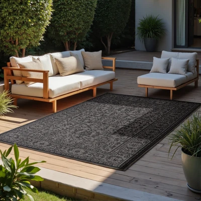 Abbildung von Hanse Home Northrugs Kona In &amp; Outdoor Teppich Klassischer Flachgewebe Wendeteppich, ÖKO TEX Wetterfest UV beständig für Balkon, Terrasse, Garten Schwarz Weiß, 200x290cm