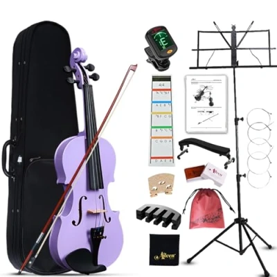 Abbildung von Aileen Geige 4/4 für Erwachsene Anfänger, Violine Set Kinder ab 12 Jahre, Teenager Lila Violette Einsteiger Kit Vollständig mit 13 Zubehör, Notenständer, Exklusive Neue Griffbrett Aufkleber
