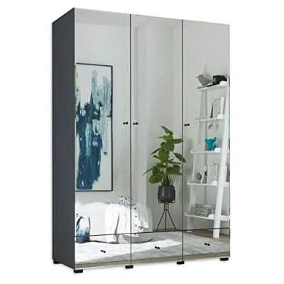 Abbildung von Stella Trading Kleiderschrank mit Spiegeln und Schubladen Vielseitiger Drehtürenschrank 3 türig in Graphit 135 x 195 55 cm (B/H/T)